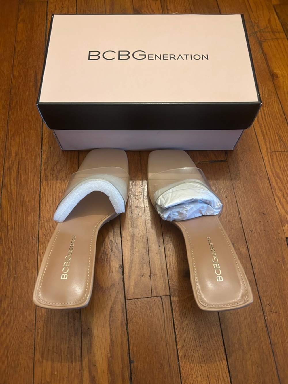 BCBGeneration Beige Nude Slide Mules with Clear Strap